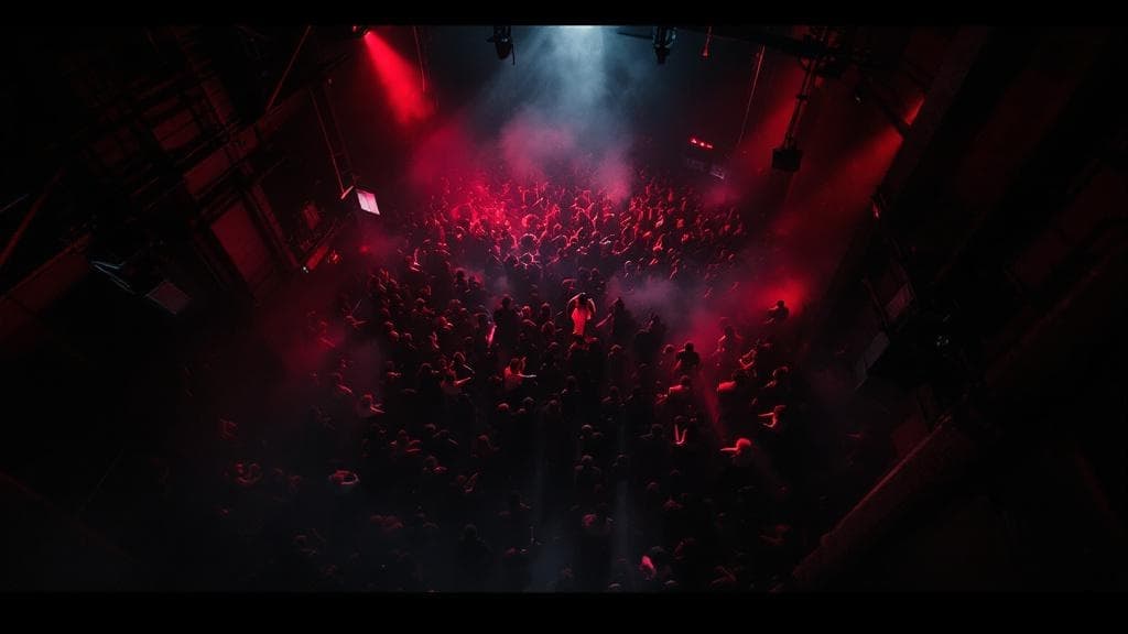 Aerial view transitioning to crowd perspective